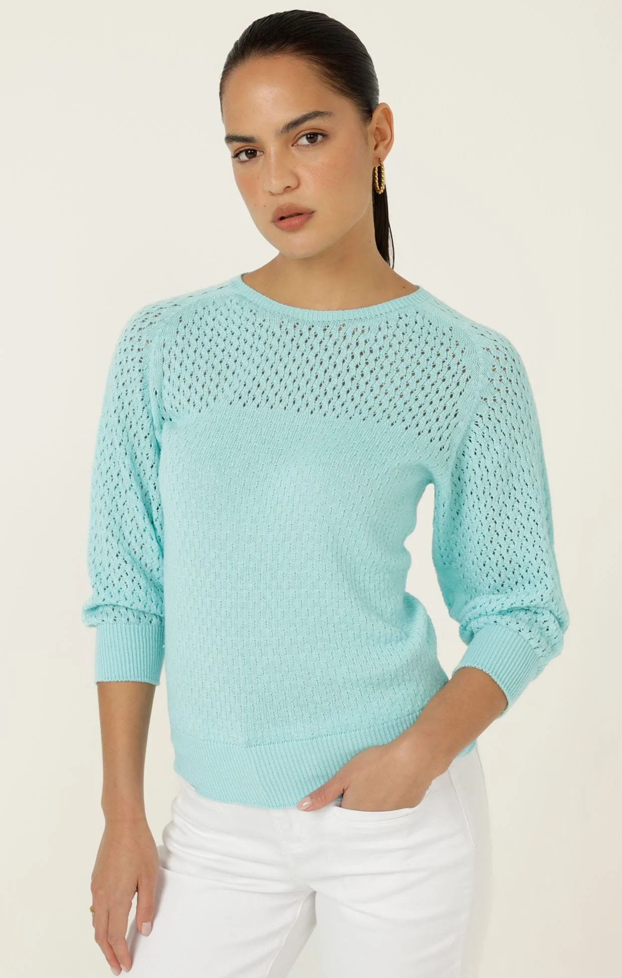 3/4 SLEEVE RIPPLE KNIT TOP IN AQUAMARINE