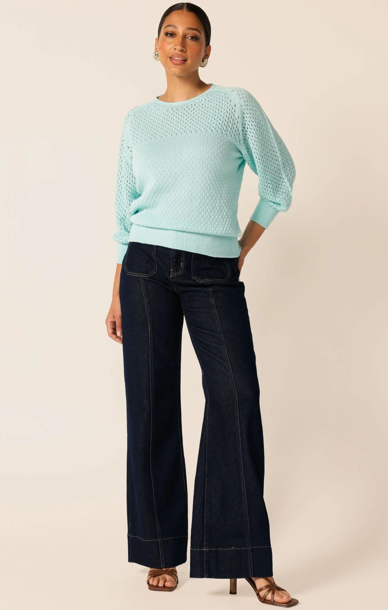 3/4 SLEEVE RIPPLE KNIT TOP IN AQUAMARINE - Image 2