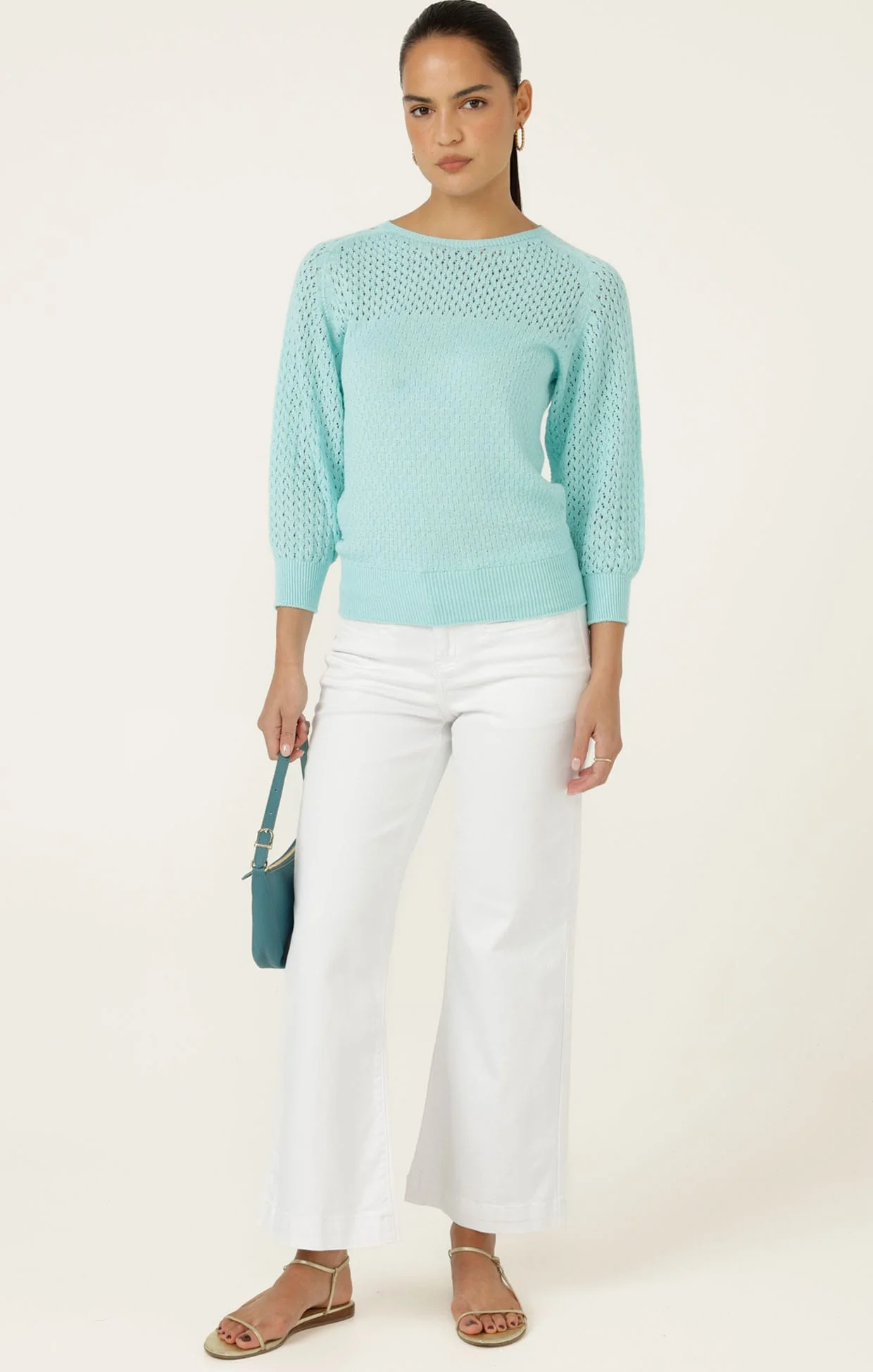 3/4 SLEEVE RIPPLE KNIT TOP IN AQUAMARINE - Image 3