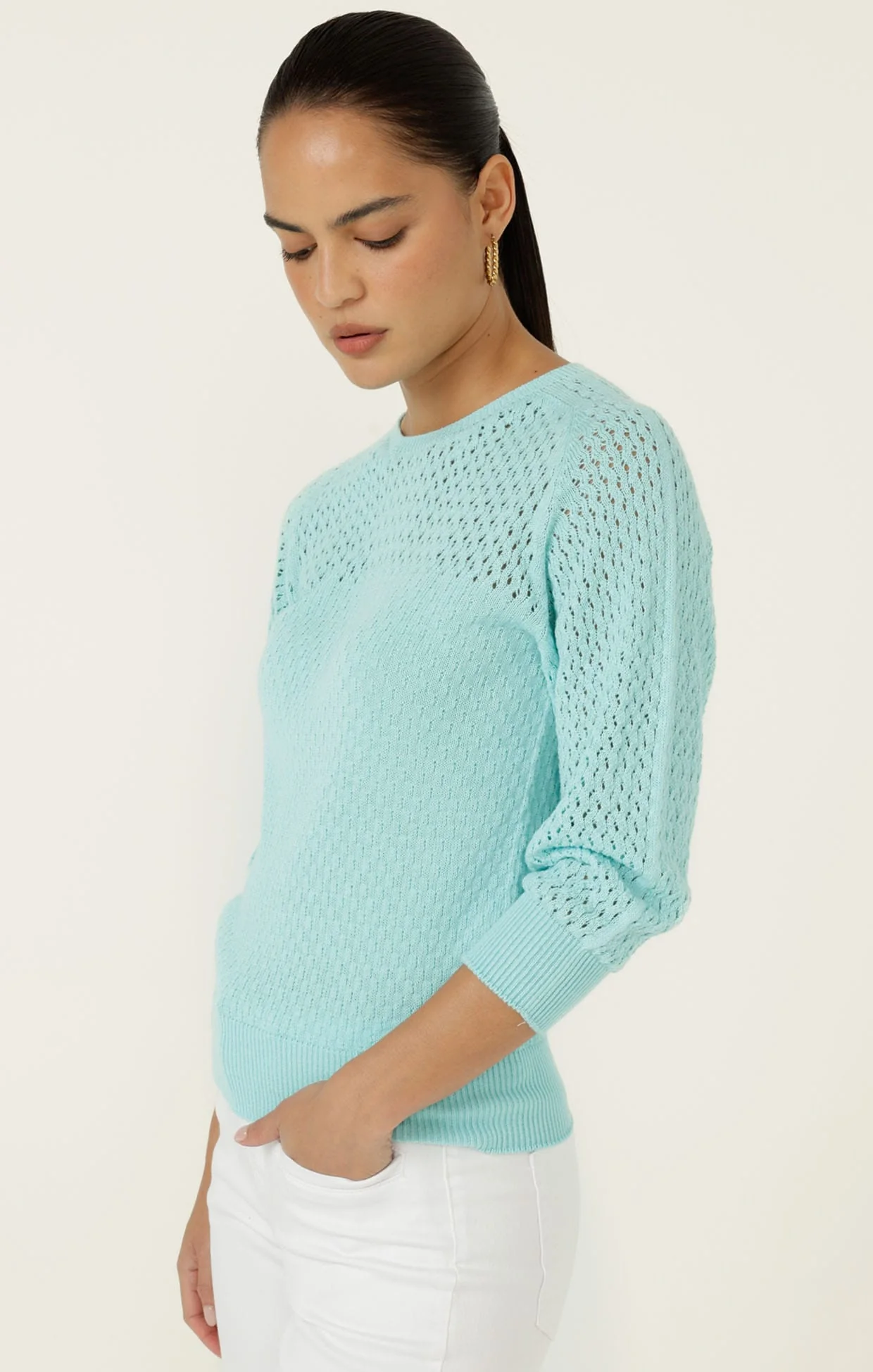 3/4 SLEEVE RIPPLE KNIT TOP IN AQUAMARINE - Image 4
