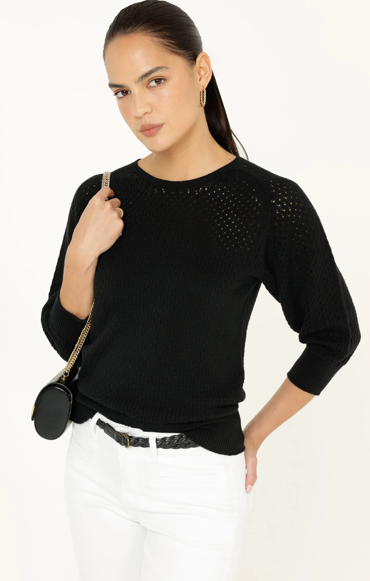 3/4 SLEEVE RIPPLE KNIT TOP IN BLACK