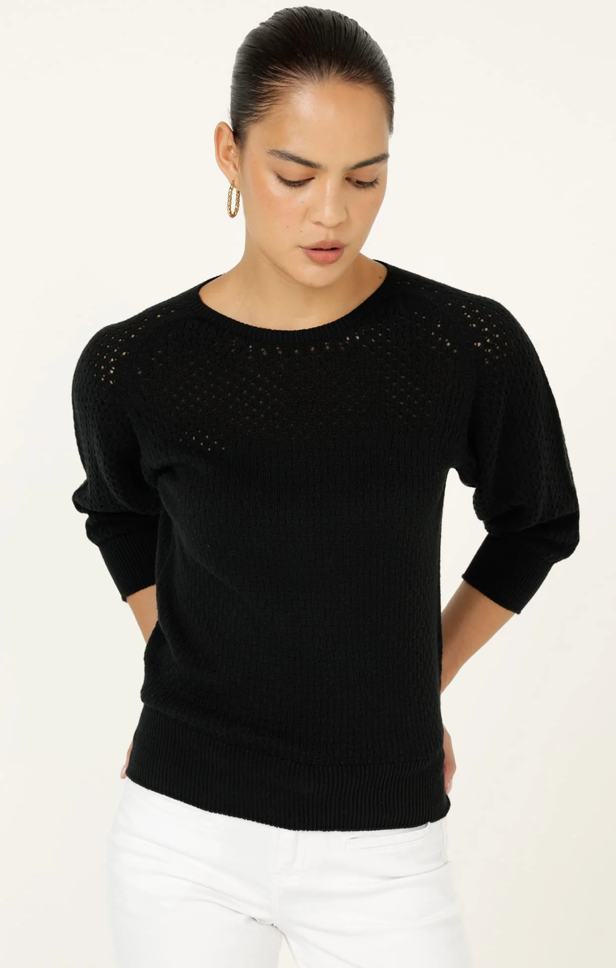 3/4 SLEEVE RIPPLE KNIT TOP IN BLACK - Image 6