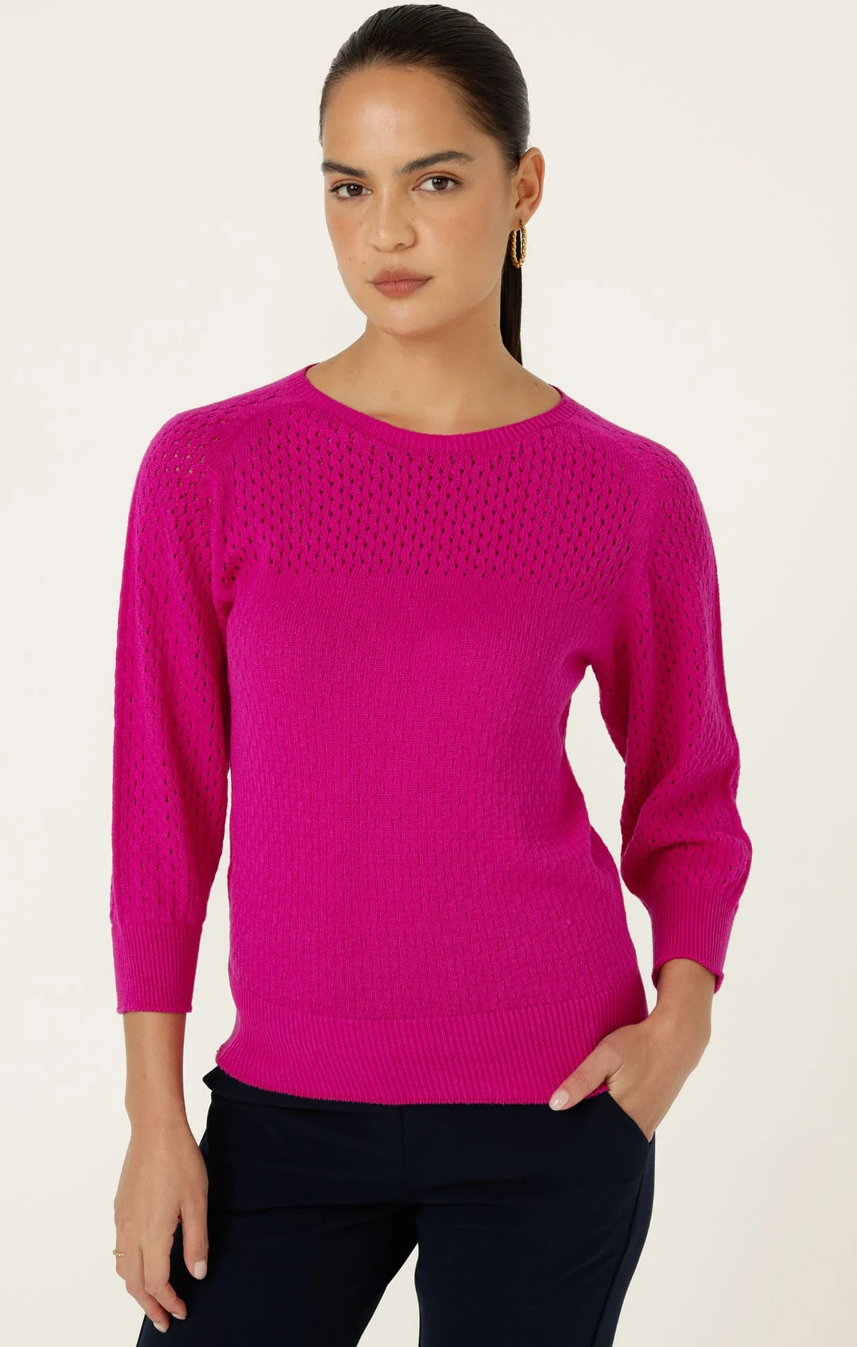 3/4 SLEEVE RIPPLE KNIT TOP IN FUSCHIA