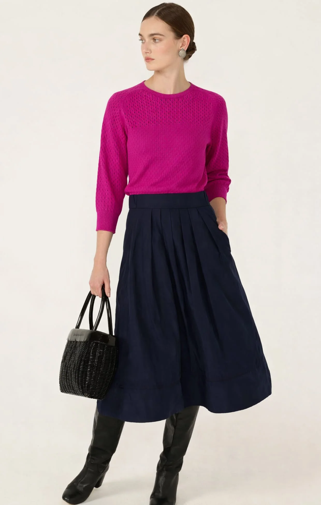 3/4 SLEEVE RIPPLE KNIT TOP IN FUSCHIA - Image 2