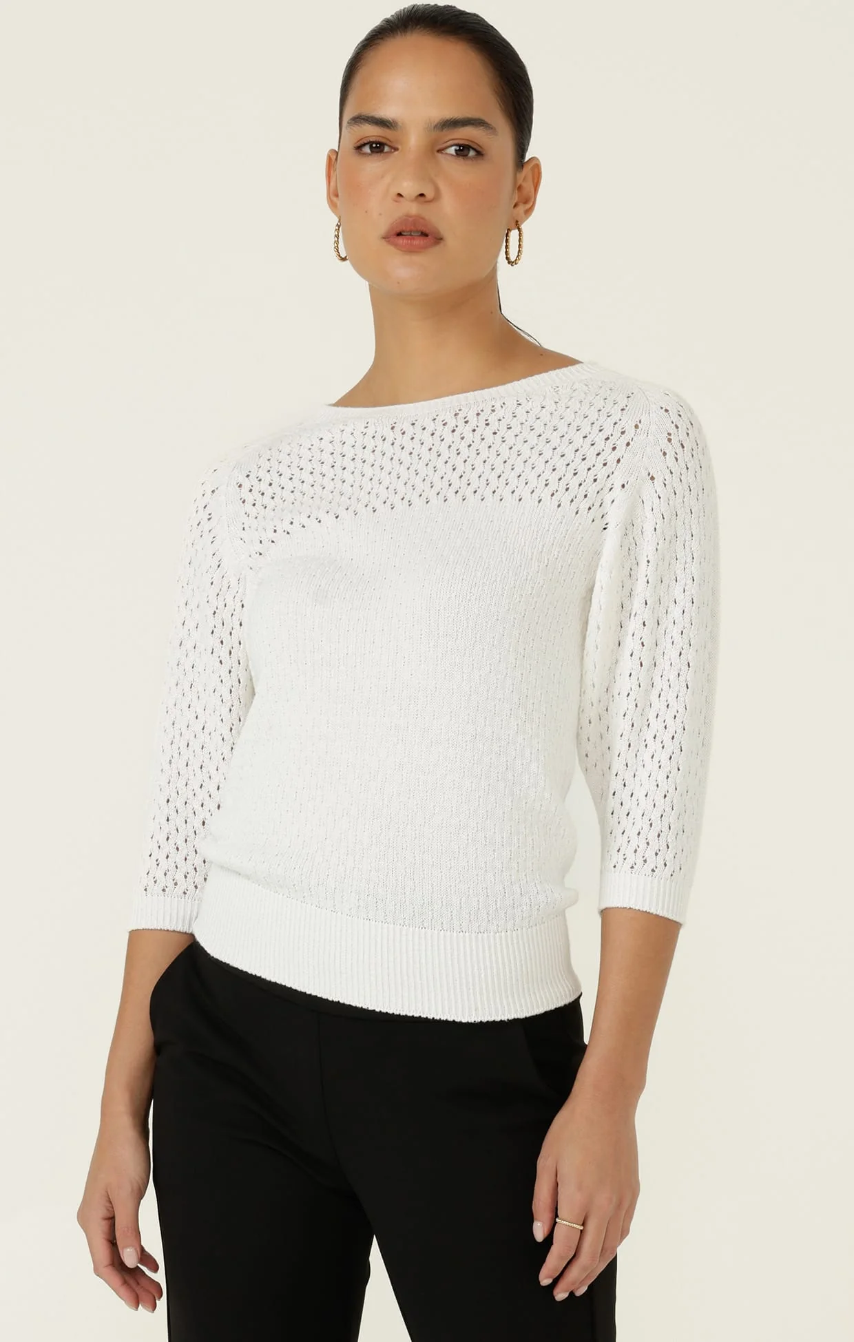 3/4 SLEEVE RIPPLE KNIT TOP IN IVORY