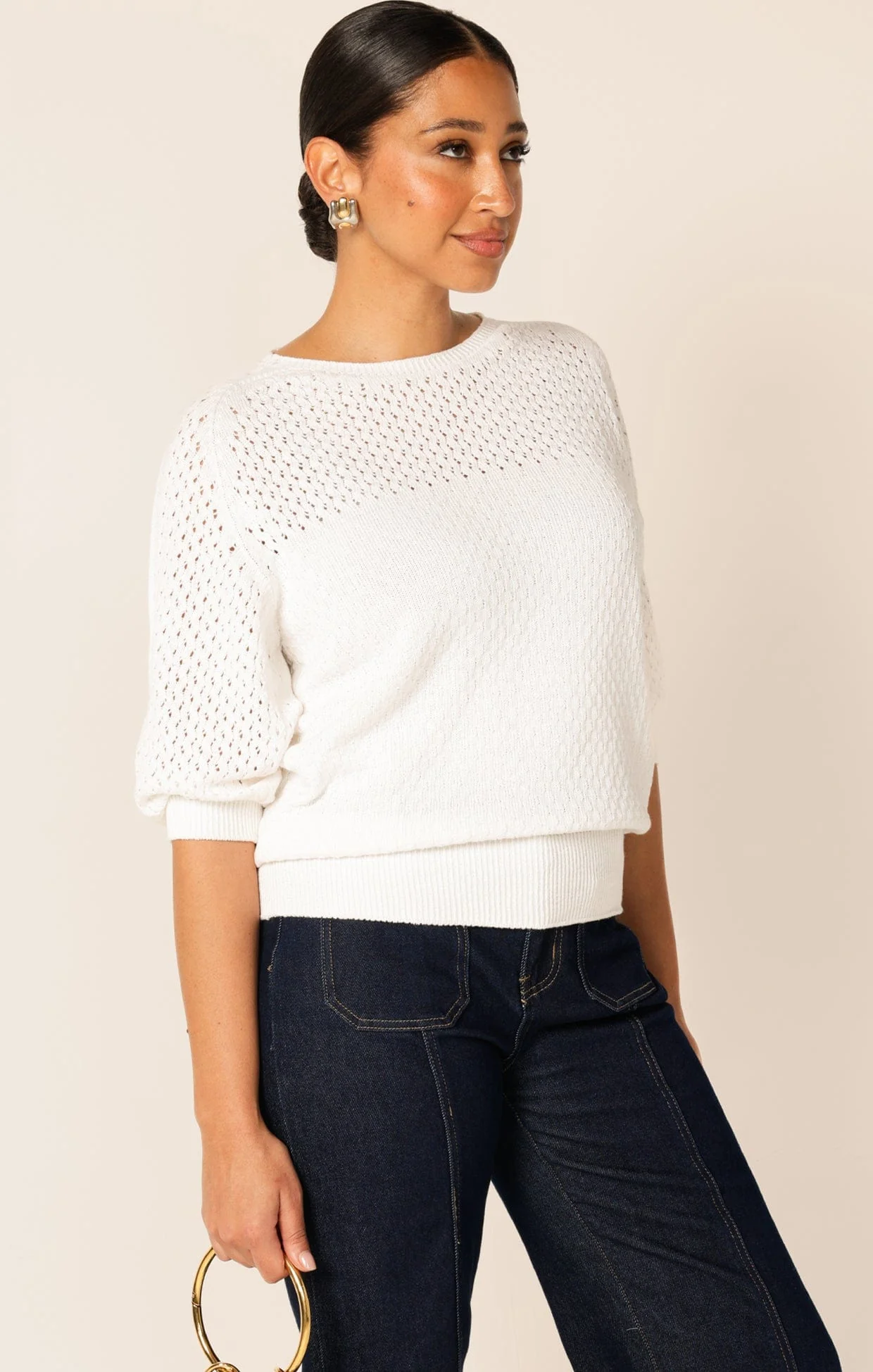 3/4 SLEEVE RIPPLE KNIT TOP IN IVORY - Image 6