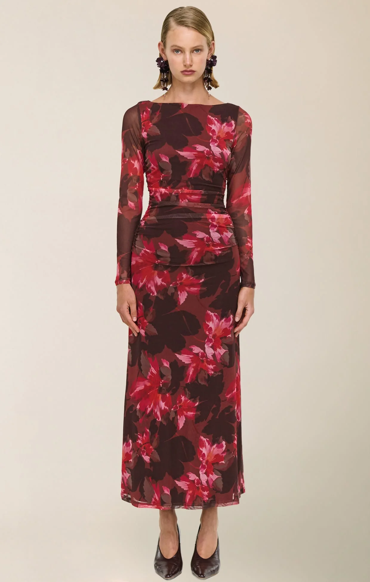 AMYRA MESH DRESS IN BORDEAUX GARDEN