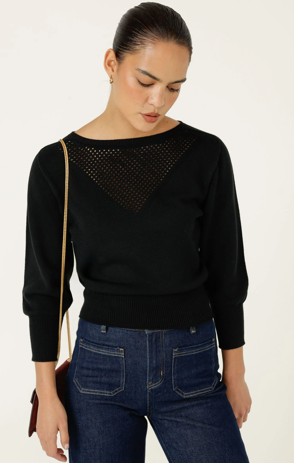 CHLOE 3/4 SLEEVE KNIT TOP IN BLACK