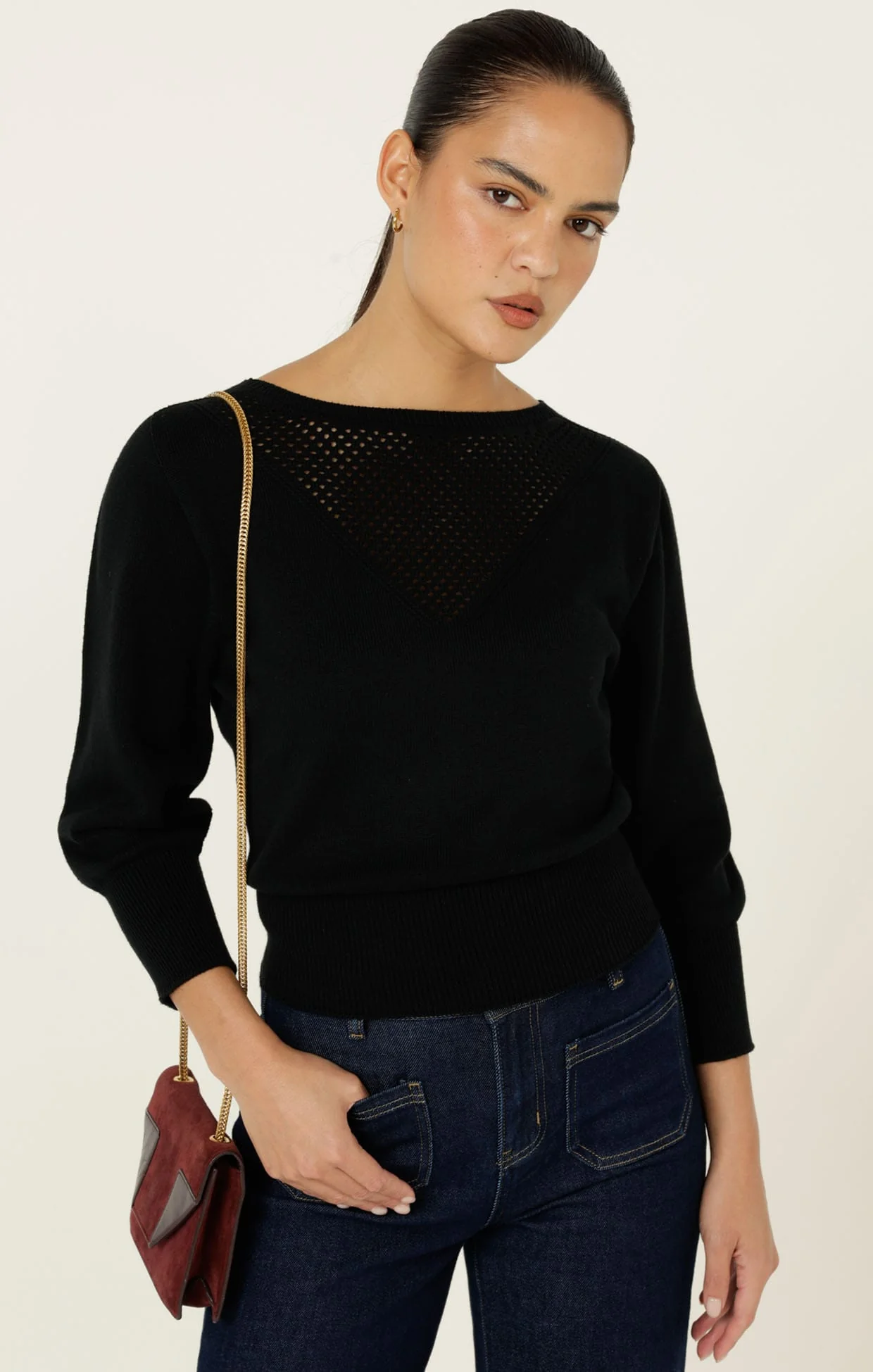 CHLOE 3/4 SLEEVE KNIT TOP IN BLACK - Image 3