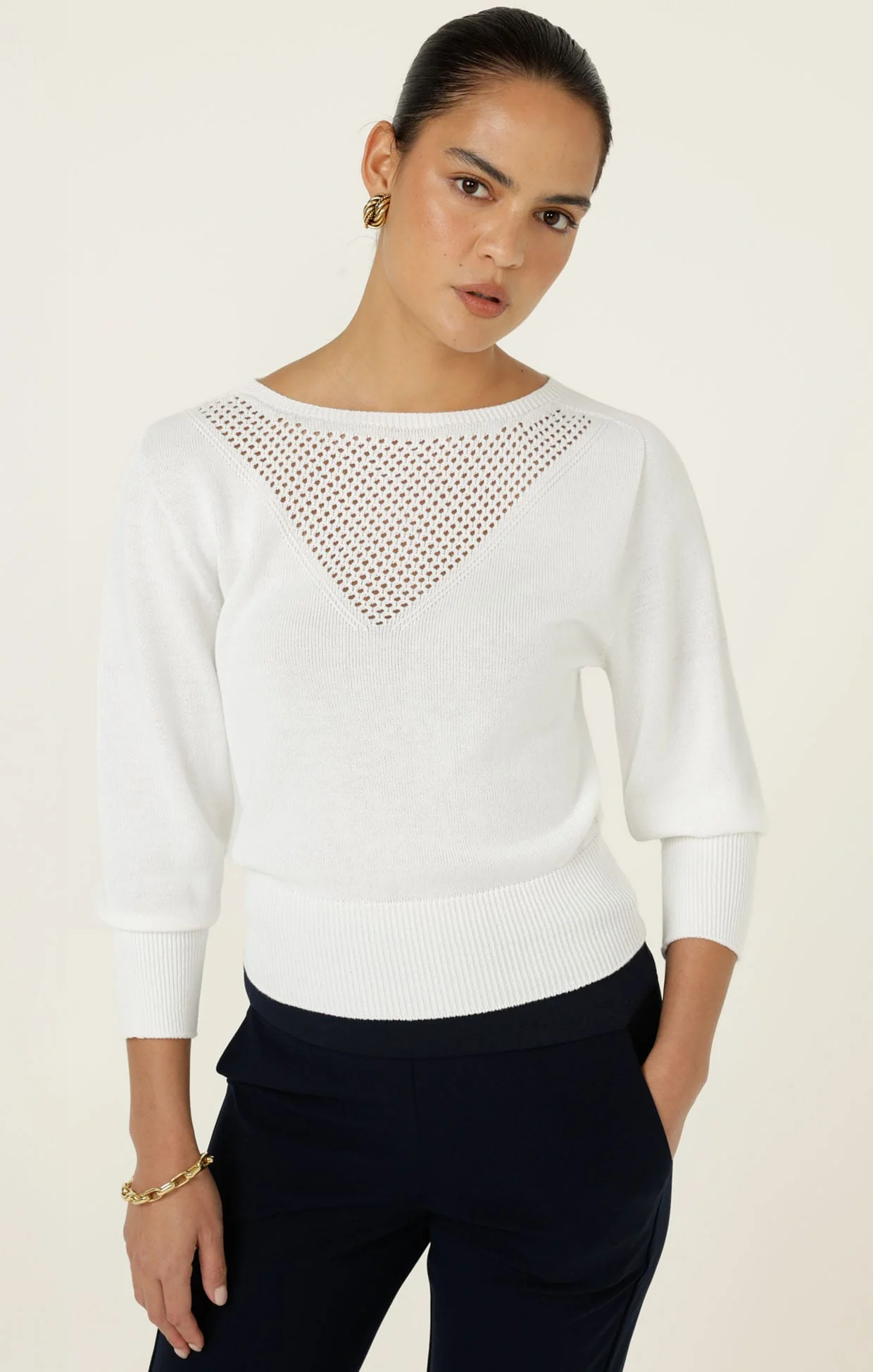 CHLOE 3/4 SLEEVE KNIT TOP IN WHITE