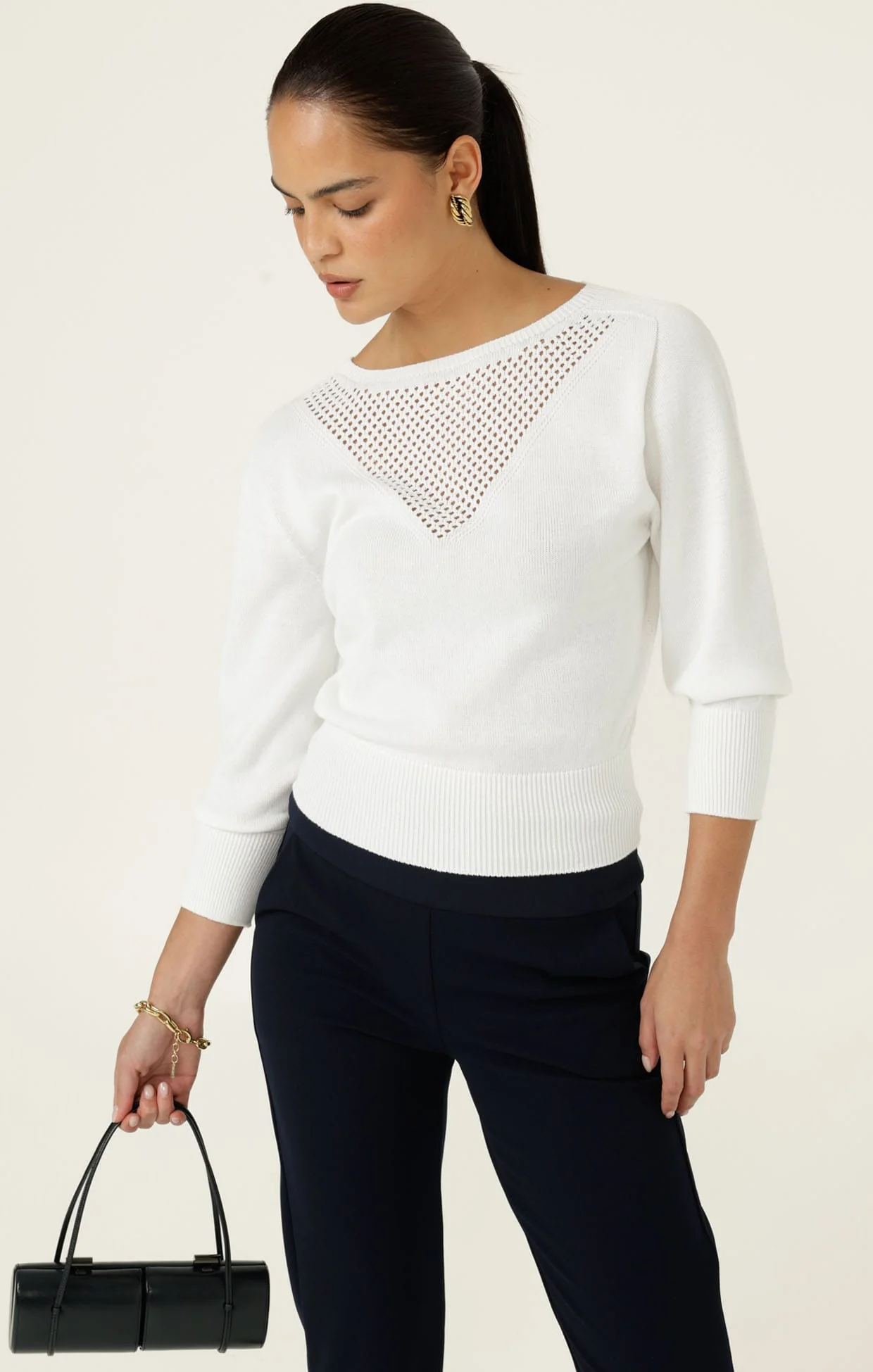 CHLOE 3/4 SLEEVE KNIT TOP IN WHITE - Image 3