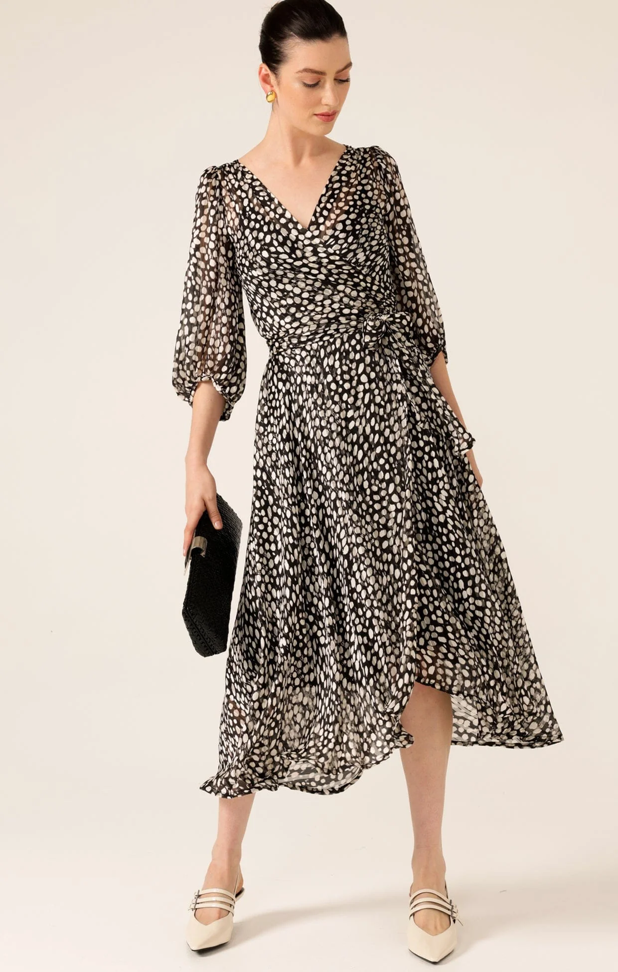 CLOUDLAND WRAP DRESS IN BLACK WHITE SPOT - Image 3