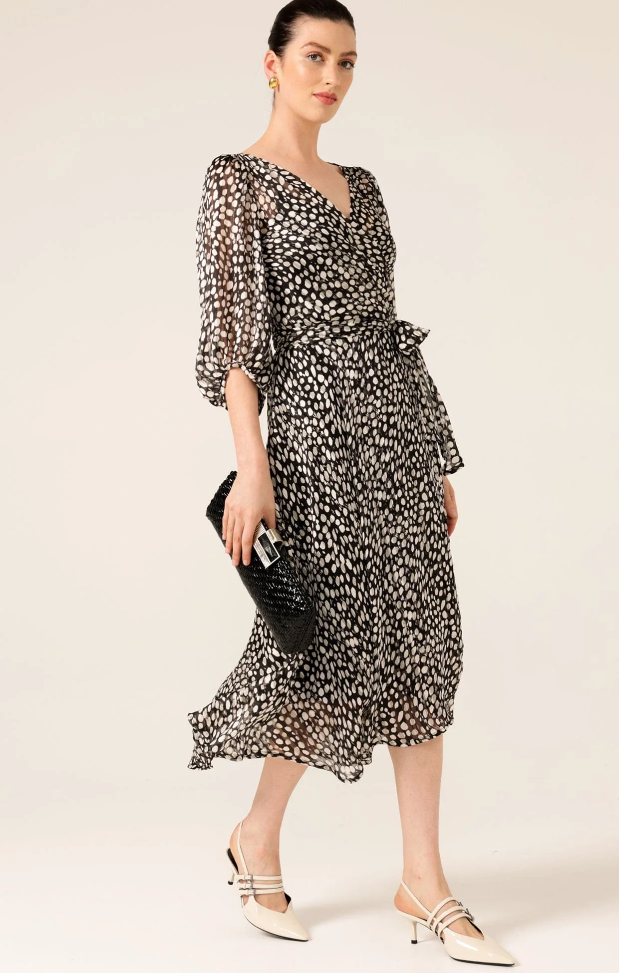 CLOUDLAND WRAP DRESS IN BLACK WHITE SPOT - Image 4