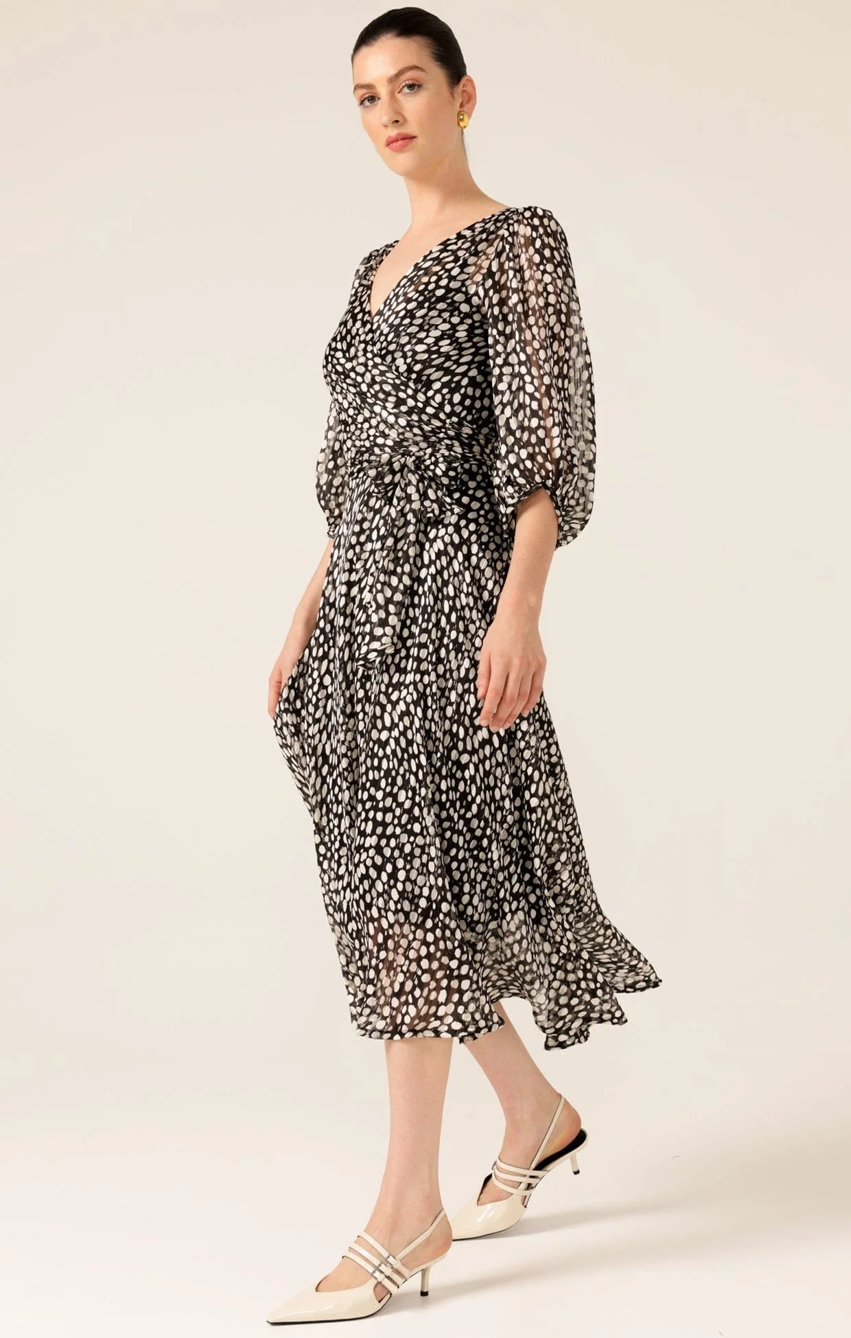 CLOUDLAND WRAP DRESS IN BLACK WHITE SPOT - Image 5