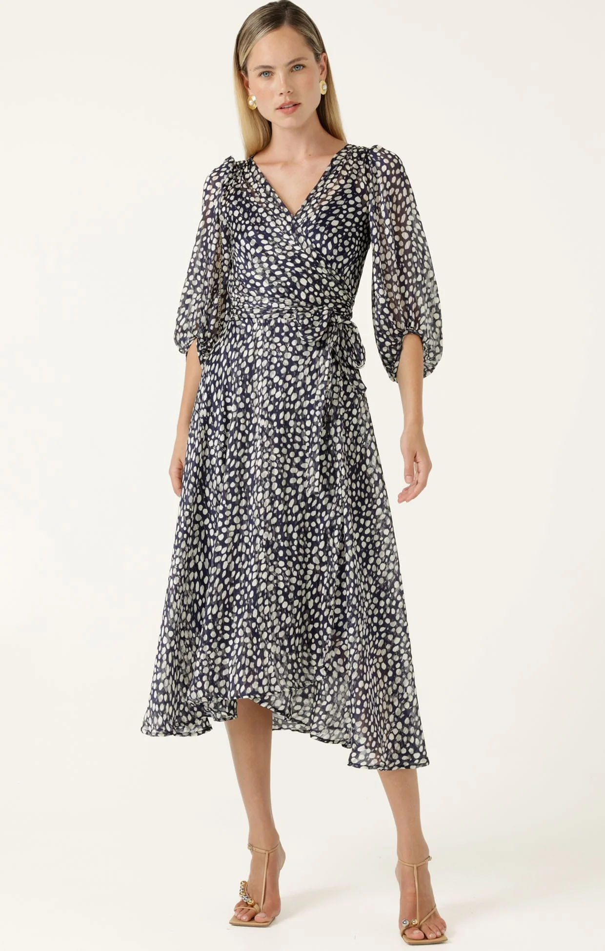 CLOUDLAND WRAP DRESS IN NAVY WHITE SPOT