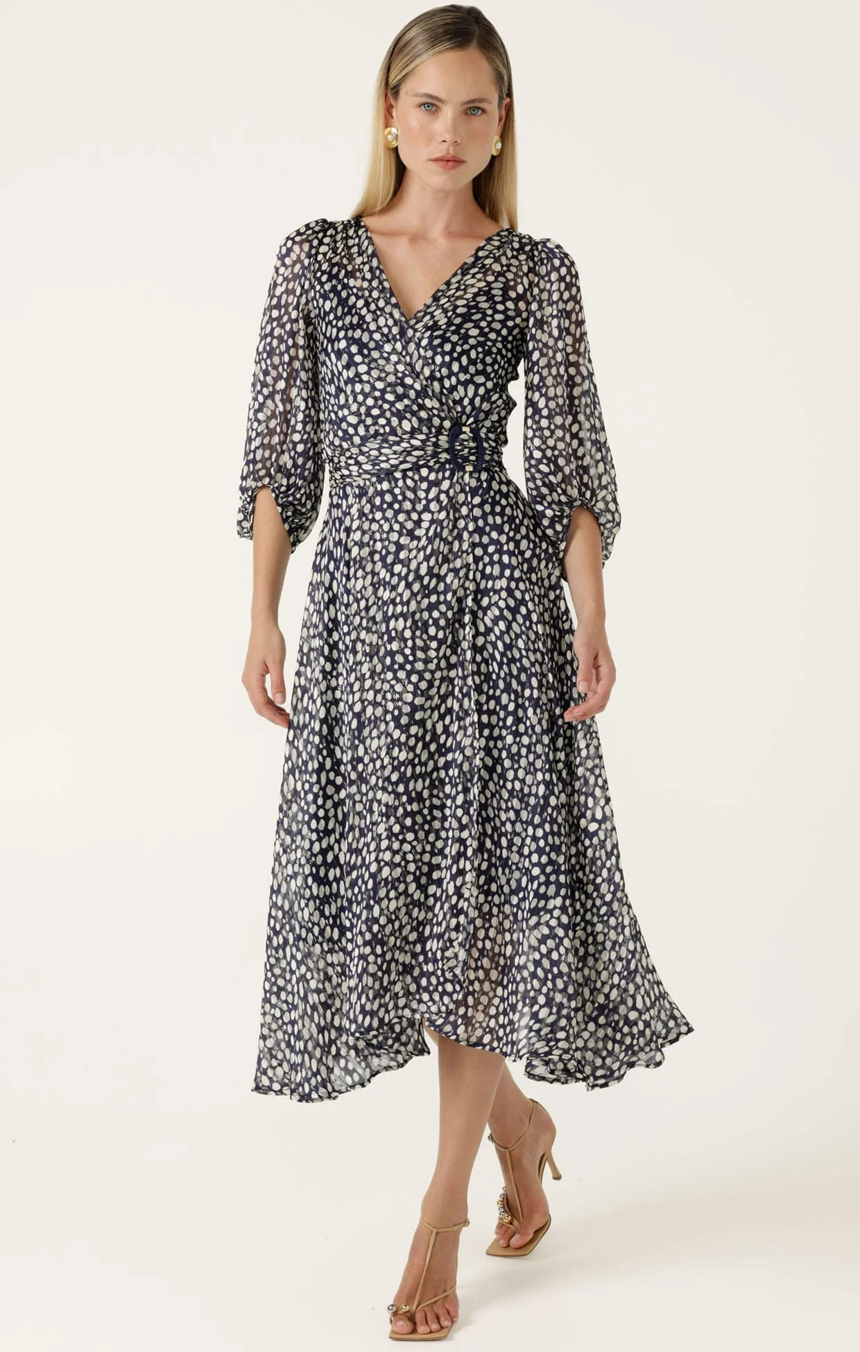 CLOUDLAND WRAP DRESS IN NAVY WHITE SPOT - Image 2