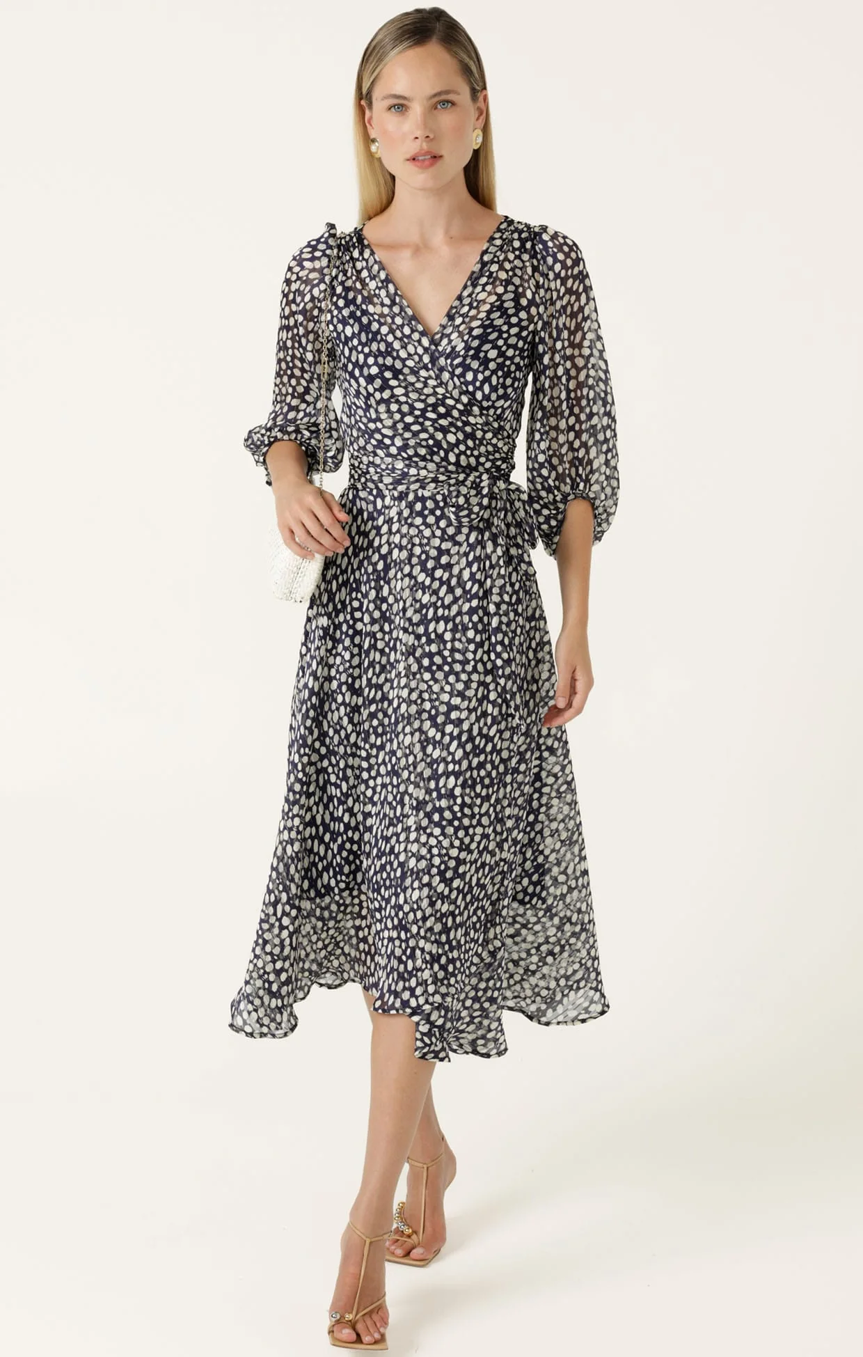 CLOUDLAND WRAP DRESS IN NAVY WHITE SPOT - Image 4