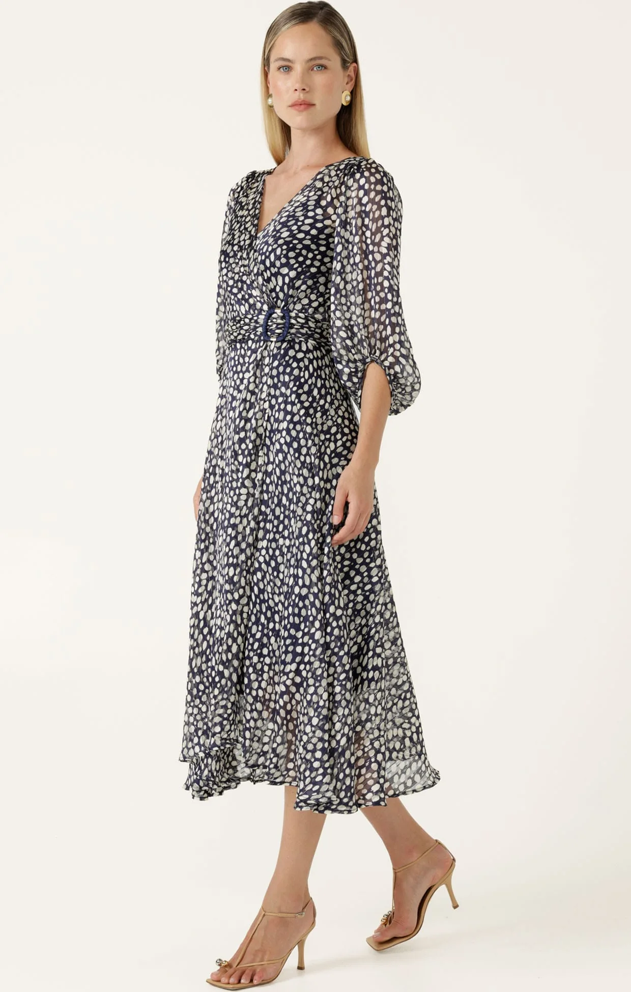 CLOUDLAND WRAP DRESS IN NAVY WHITE SPOT - Image 5