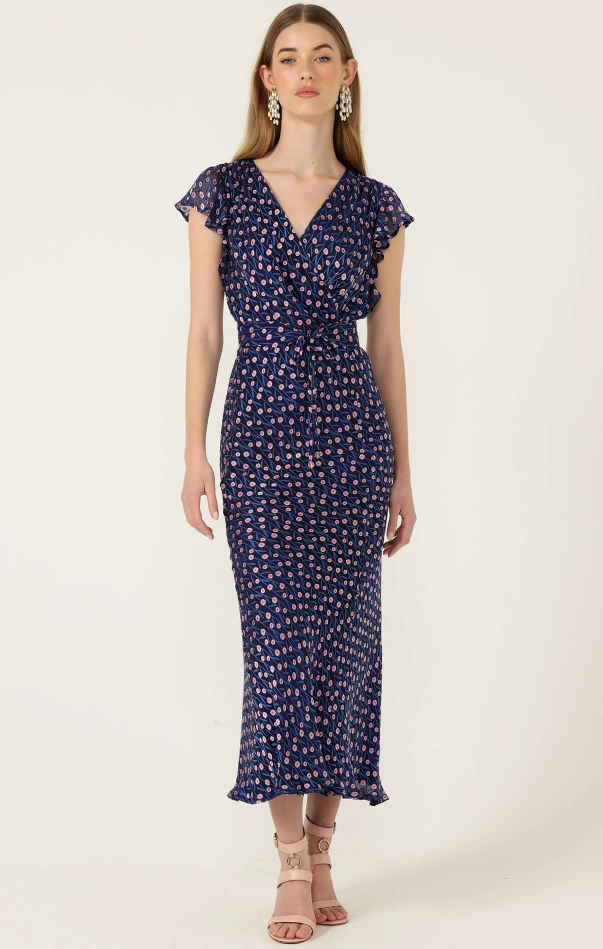 FLEUR DE LYS MIDI DRESS IN INDIGO PINK POPPY
