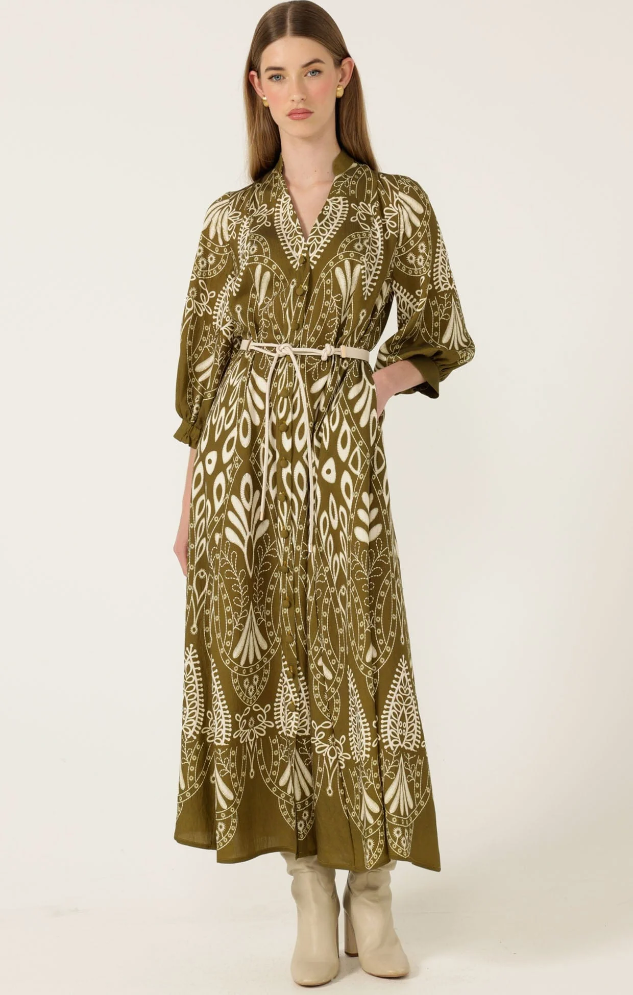 INDIE SHIRTMAKER DRESS IN OLIVE CREAM