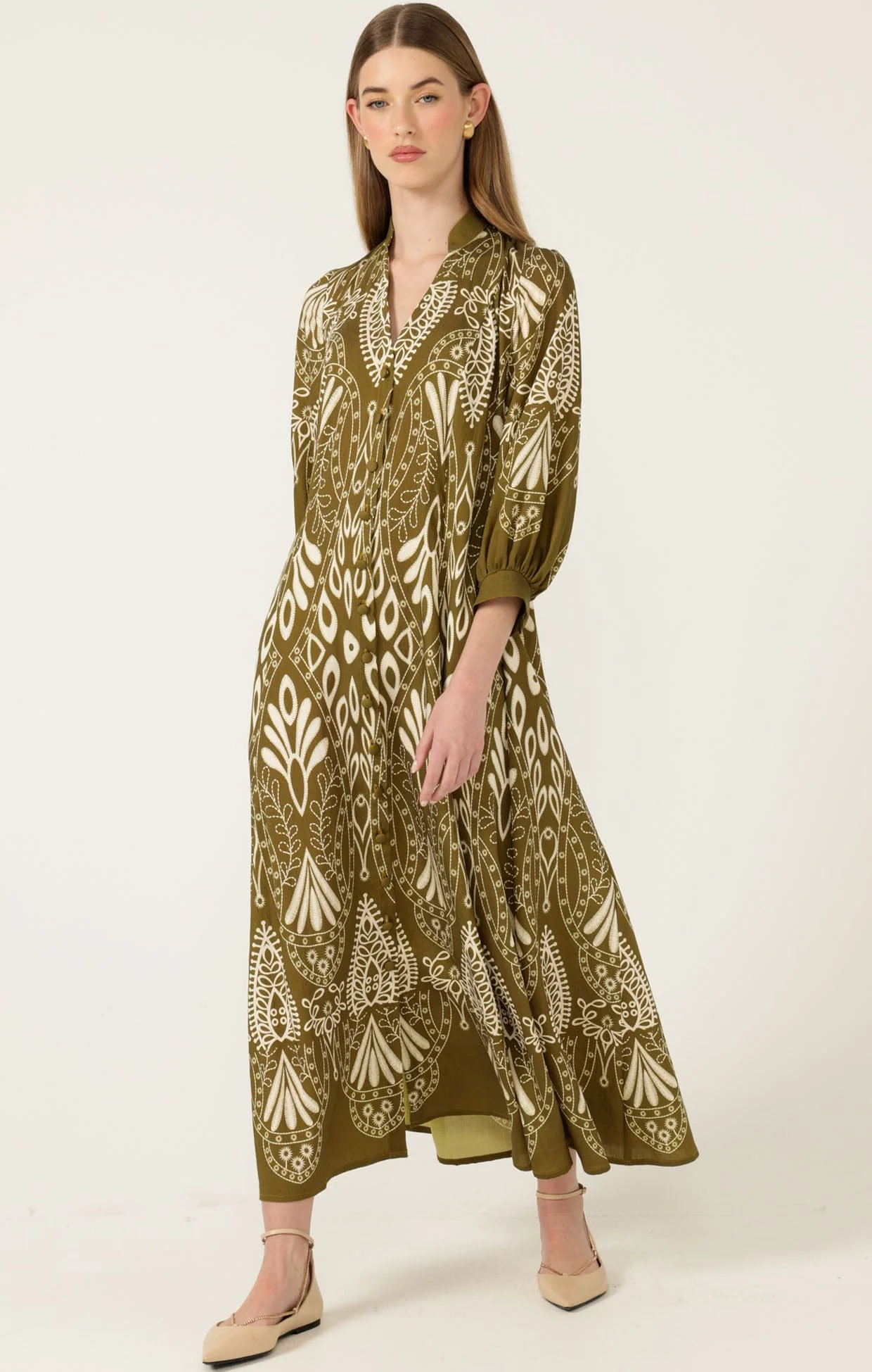 INDIE SHIRTMAKER DRESS IN OLIVE CREAM - Image 6