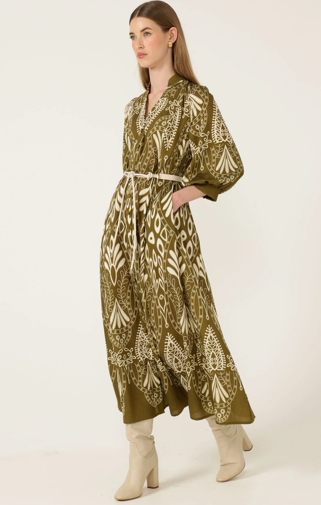 INDIE SHIRTMAKER DRESS IN OLIVE CREAM - Image 7