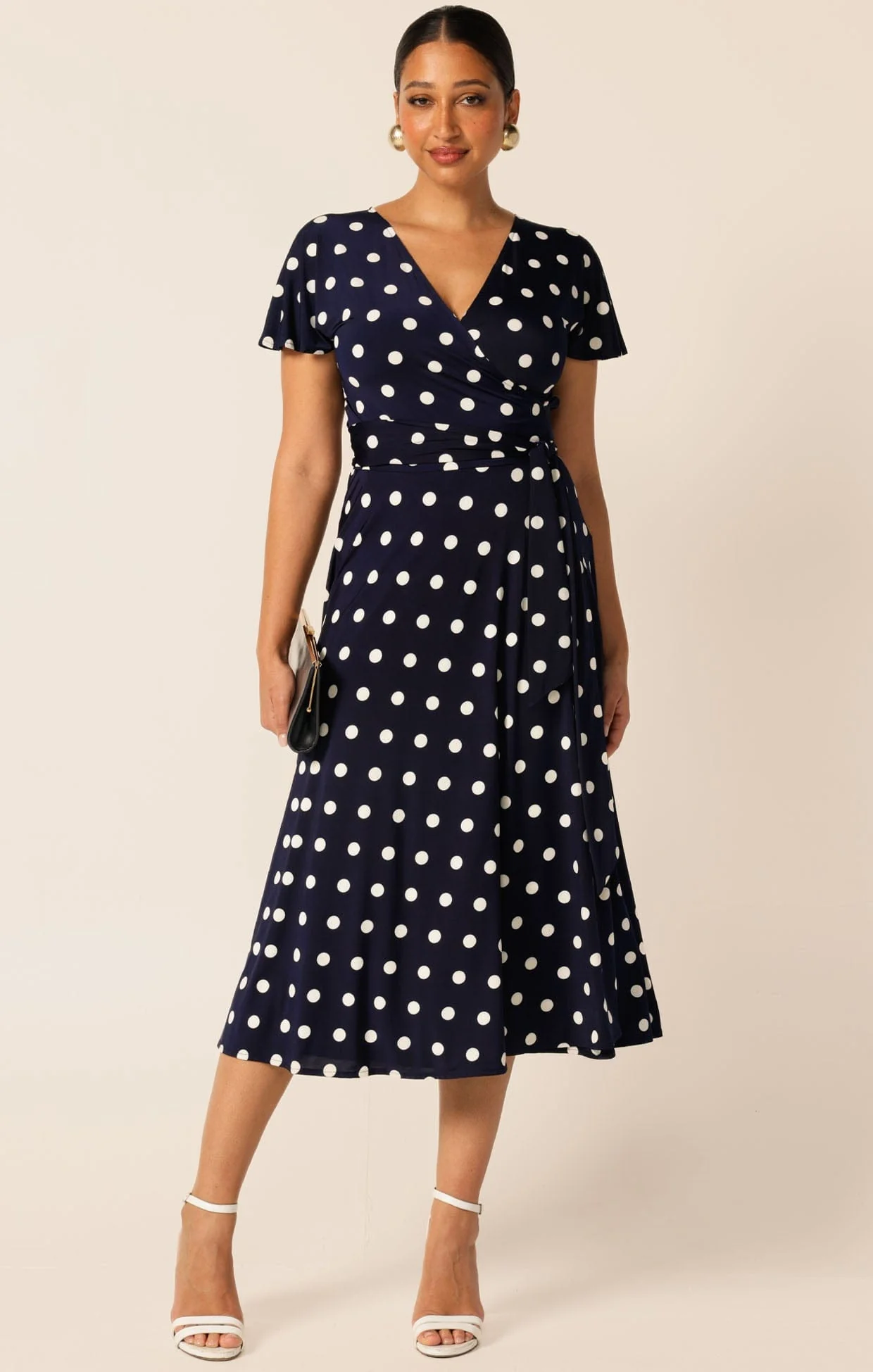 REVERSE WRAP MIDI DRESS IN NAVY WHITE SPOT - Image 4
