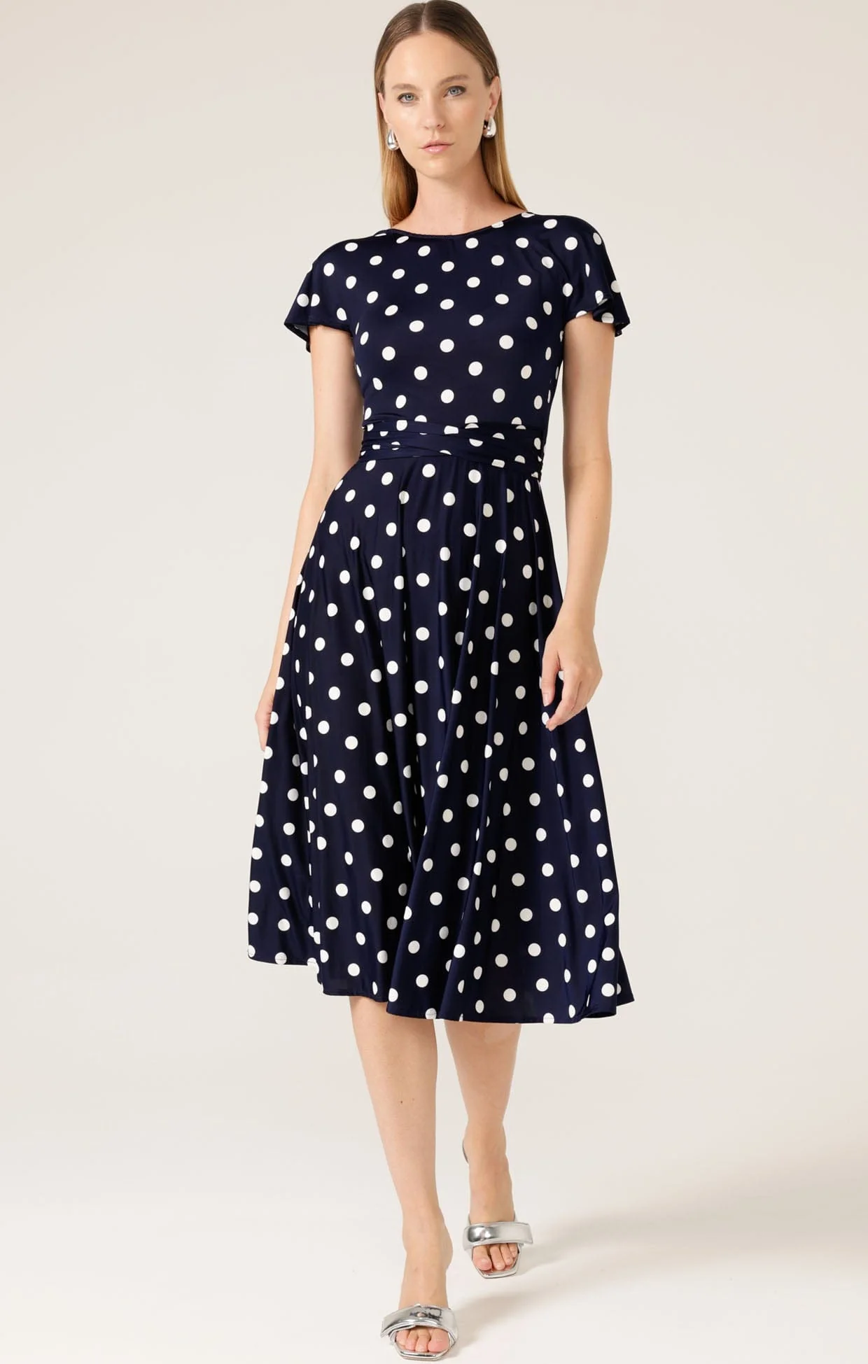 REVERSE WRAP MIDI DRESS IN NAVY WHITE SPOT - Image 5