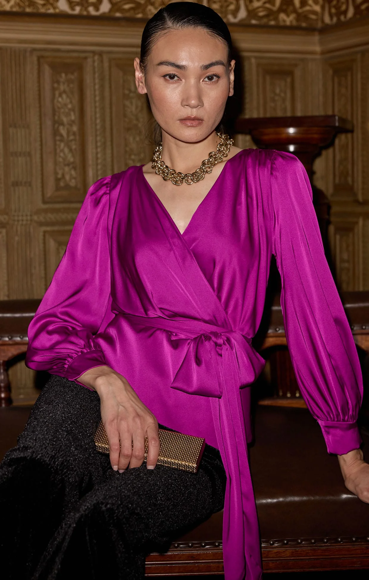 SATIN FAUX WRAP TOP IN MAGENTA - Image 2