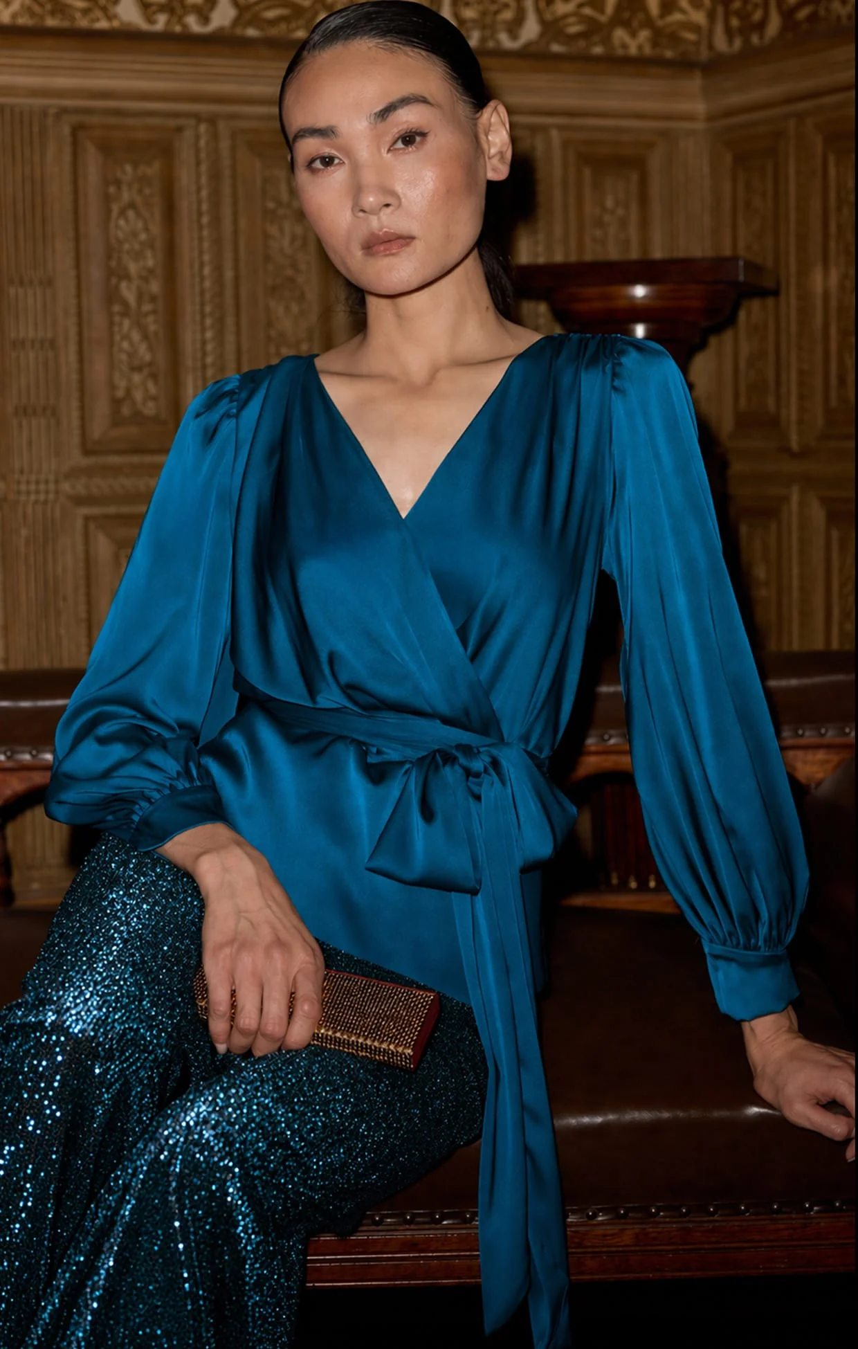 SATIN FAUX WRAP TOP IN PEACOCK