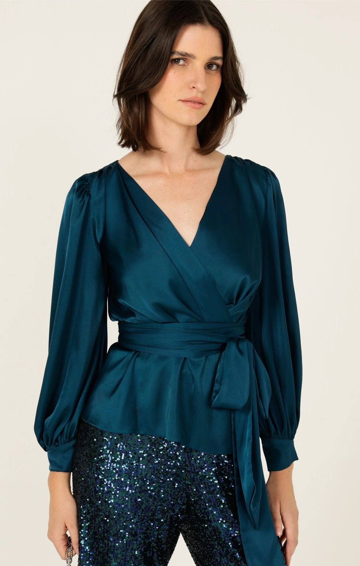 SATIN FAUX WRAP TOP IN PEACOCK - Image 2