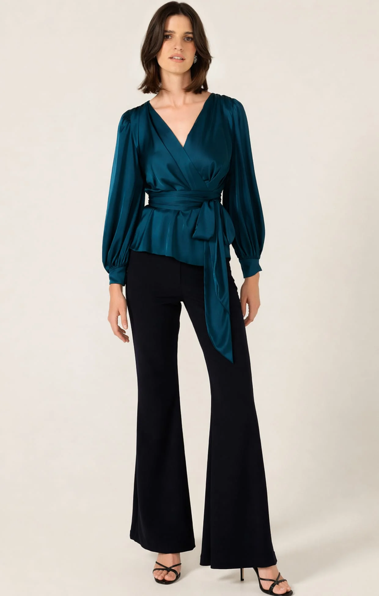 SATIN FAUX WRAP TOP IN PEACOCK - Image 3