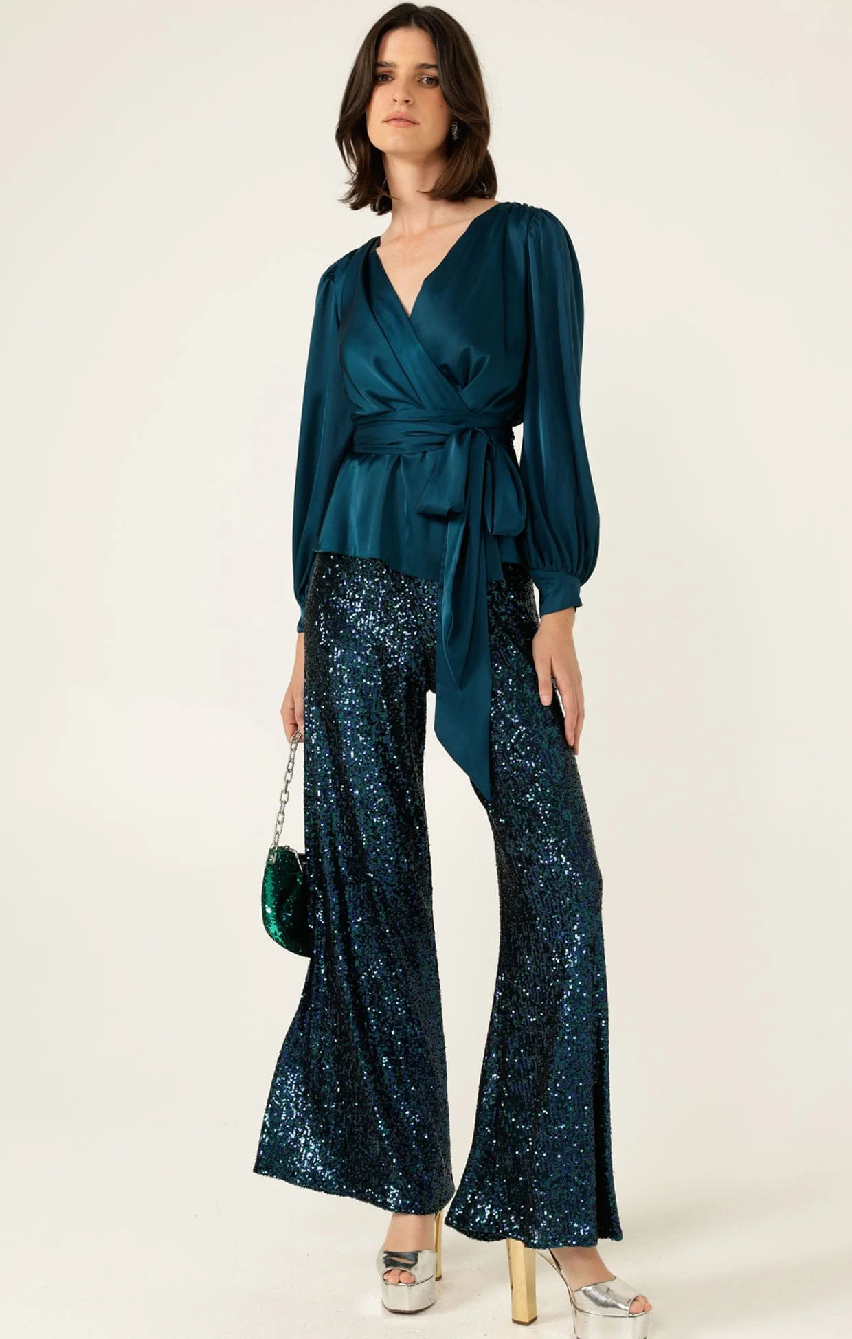 SATIN FAUX WRAP TOP IN PEACOCK - Image 5