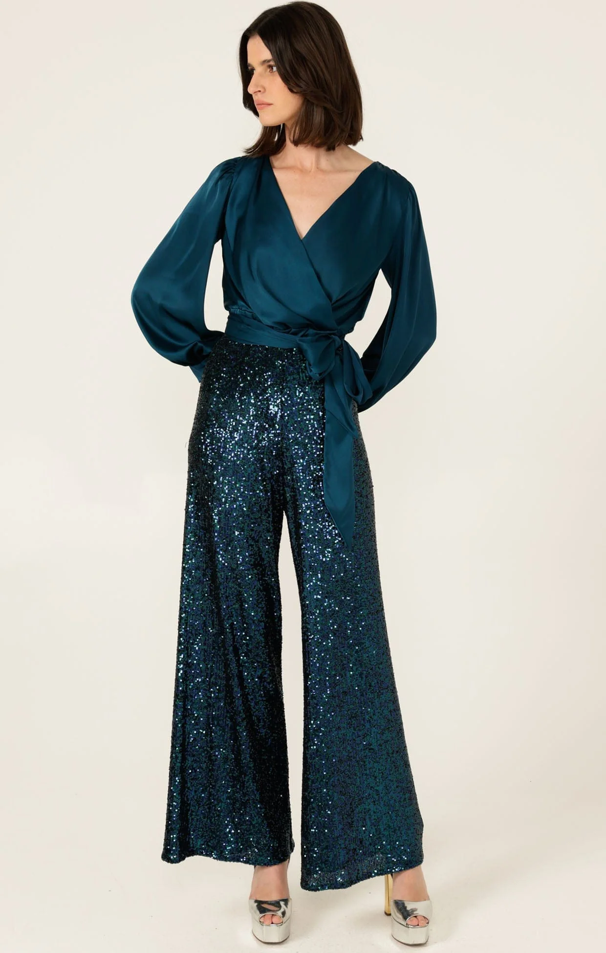SATIN FAUX WRAP TOP IN PEACOCK - Image 6