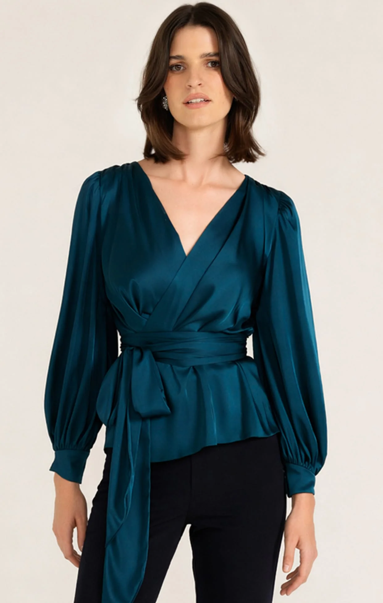 SATIN FAUX WRAP TOP IN PEACOCK - Image 7