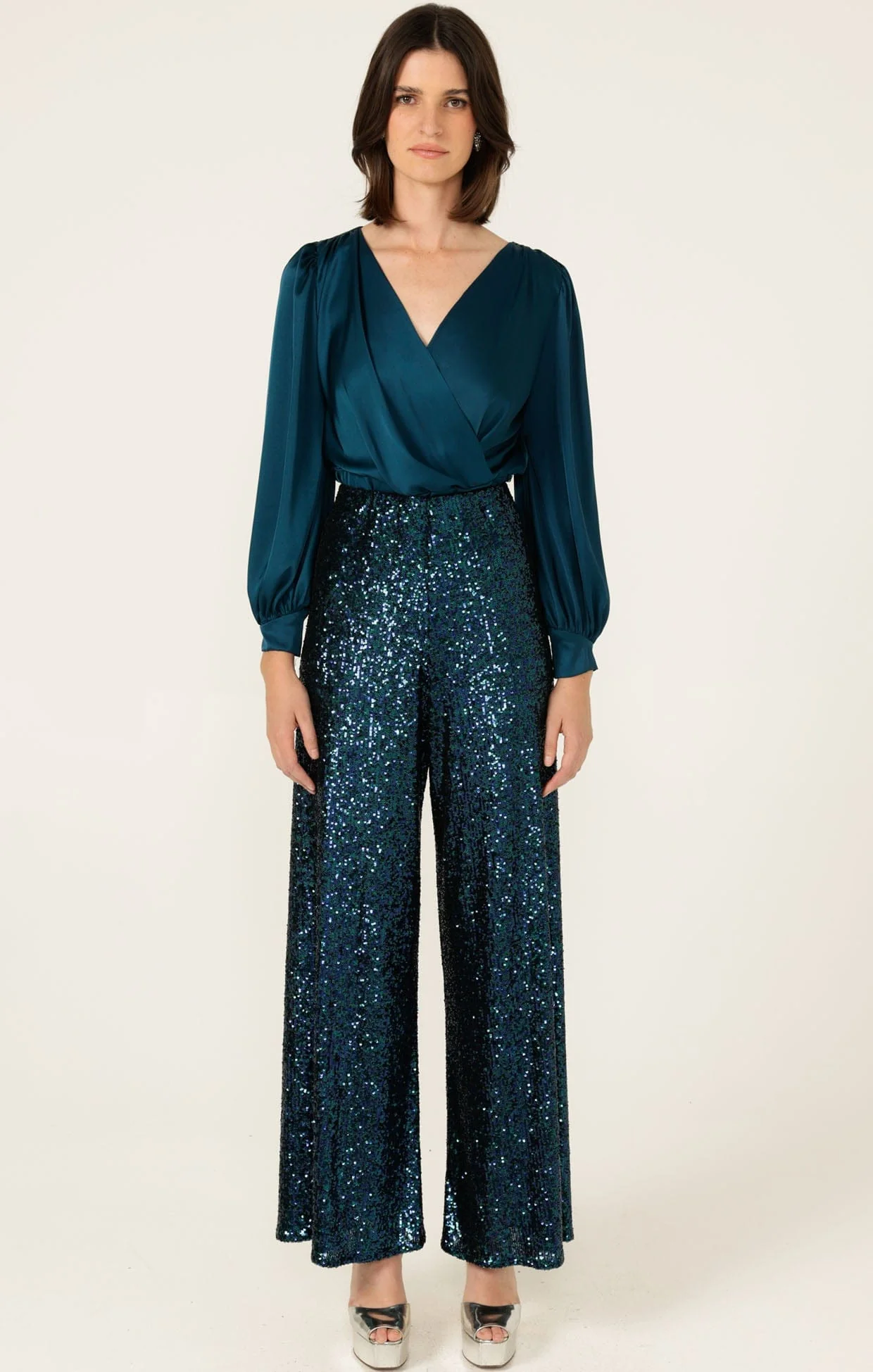 SATIN FAUX WRAP TOP IN PEACOCK - Image 8