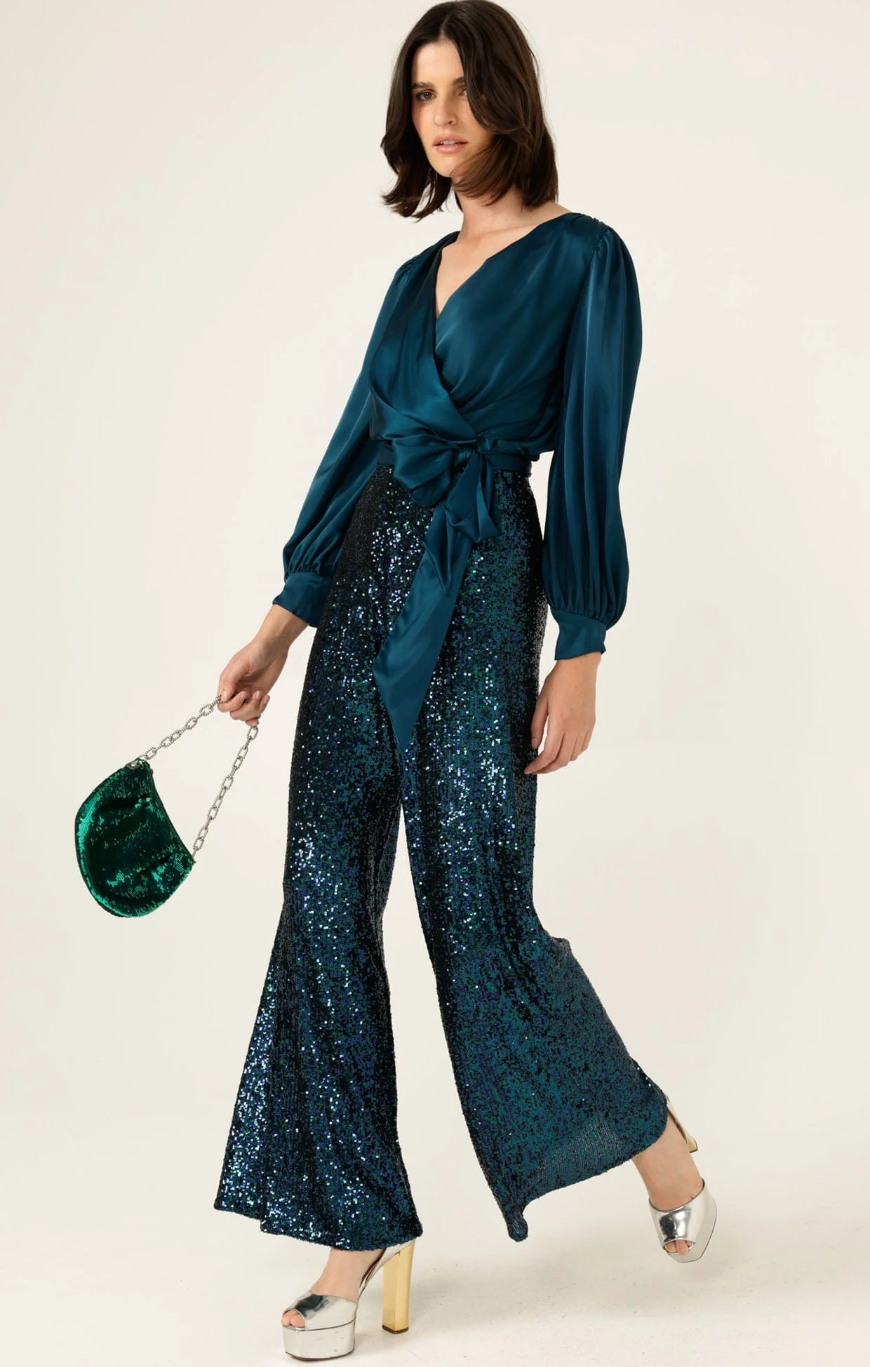 SATIN FAUX WRAP TOP IN PEACOCK - Image 9