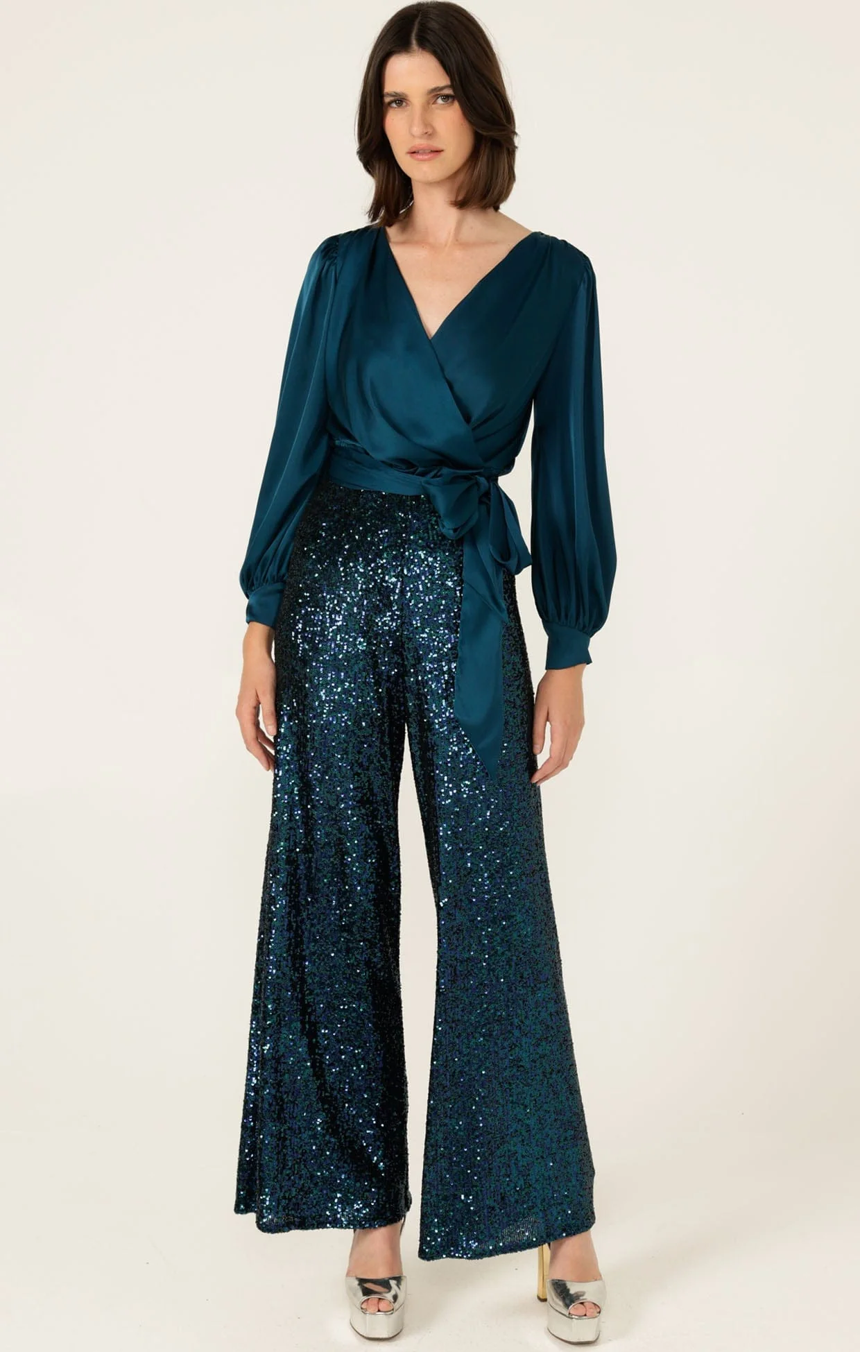 SEQUIN PALAZZO PANT IN PEACOCK - Image 2