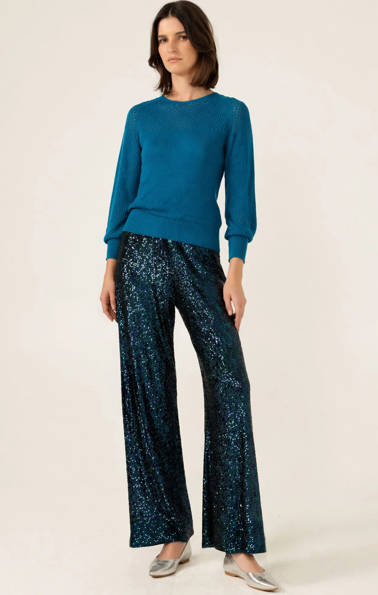 SEQUIN PALAZZO PANT IN PEACOCK - Image 3