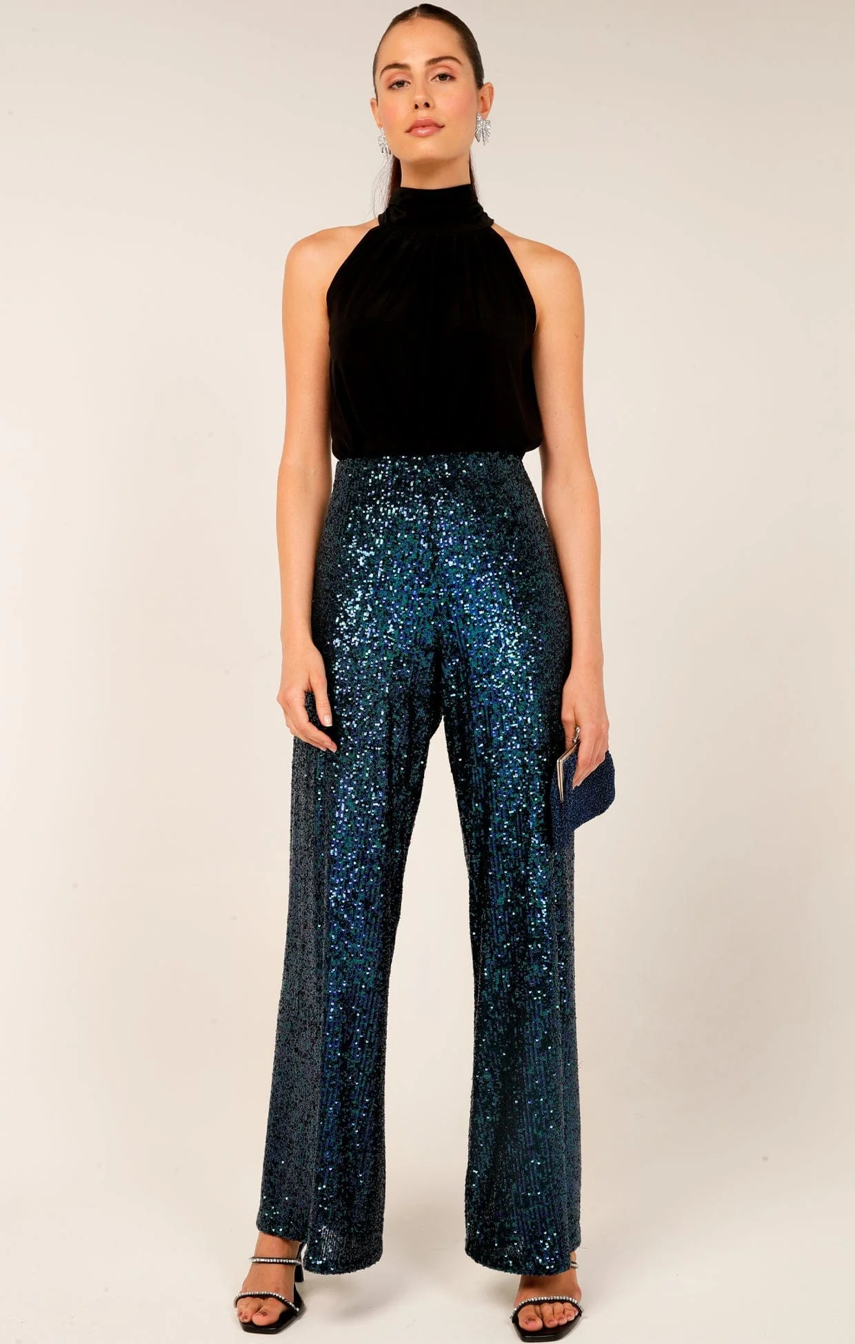 SEQUIN PALAZZO PANT IN PEACOCK - Image 4