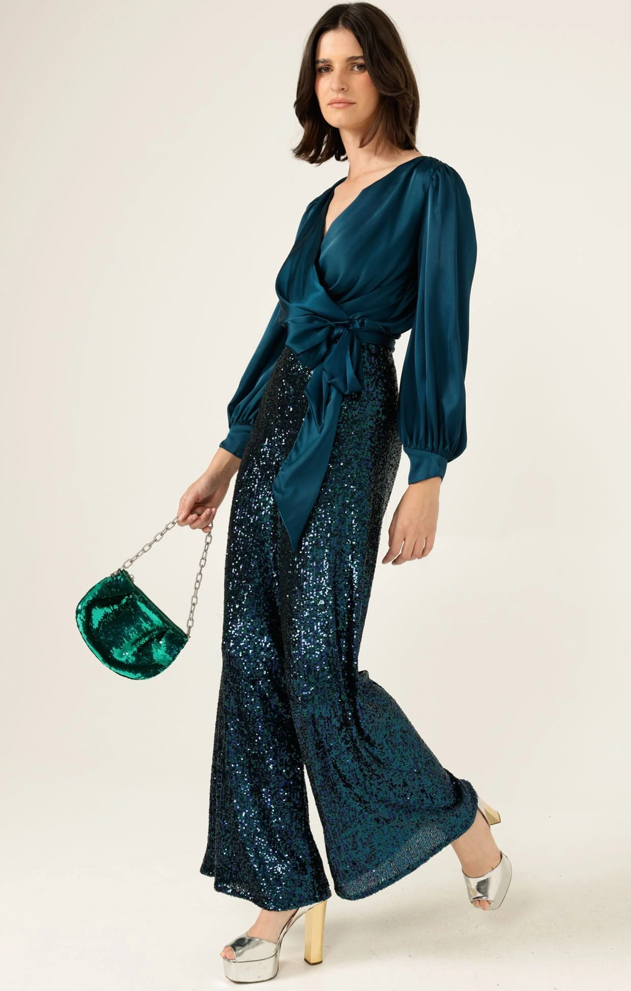 SEQUIN PALAZZO PANT IN PEACOCK - Image 5