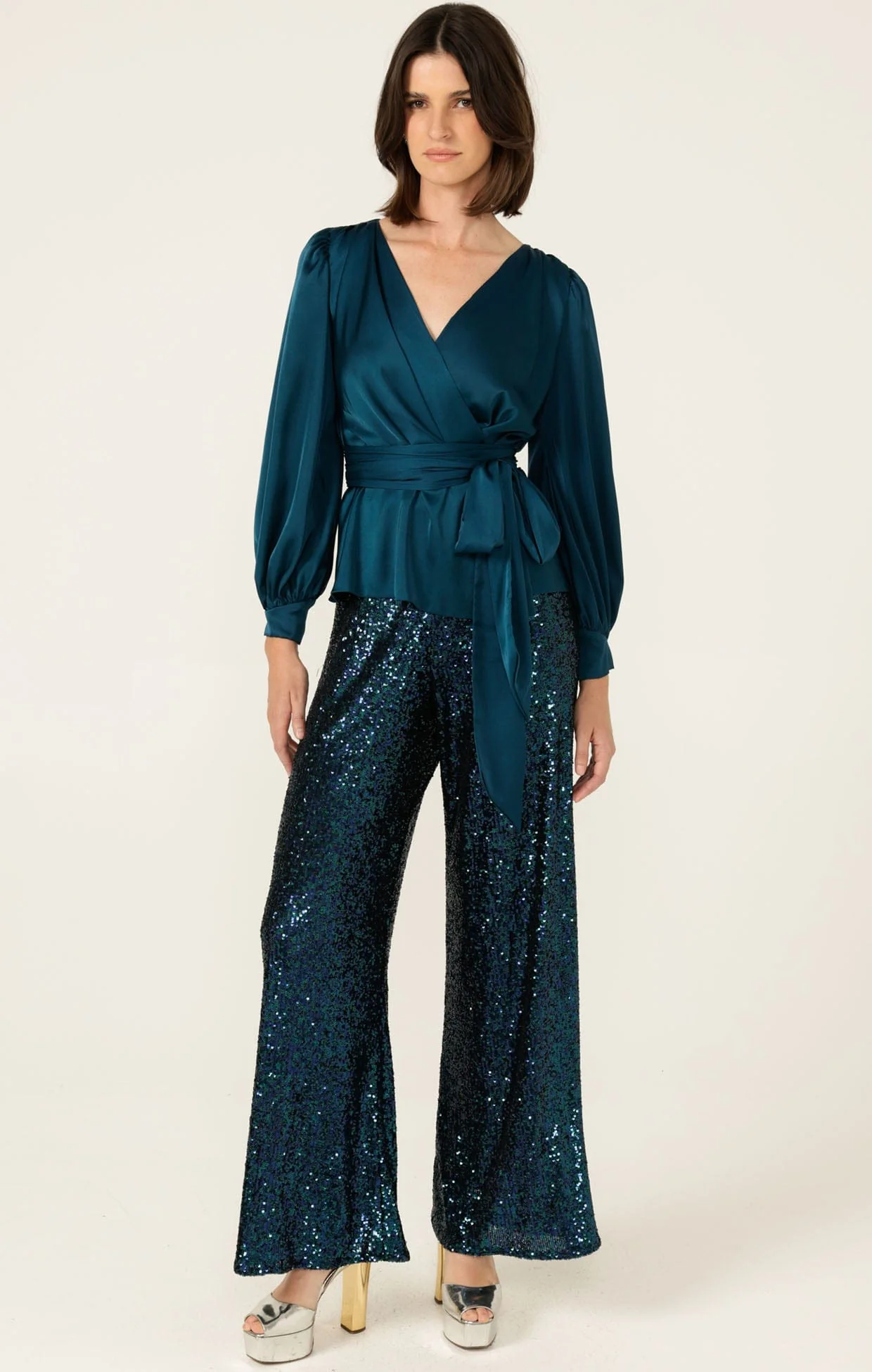 SEQUIN PALAZZO PANT IN PEACOCK - Image 7