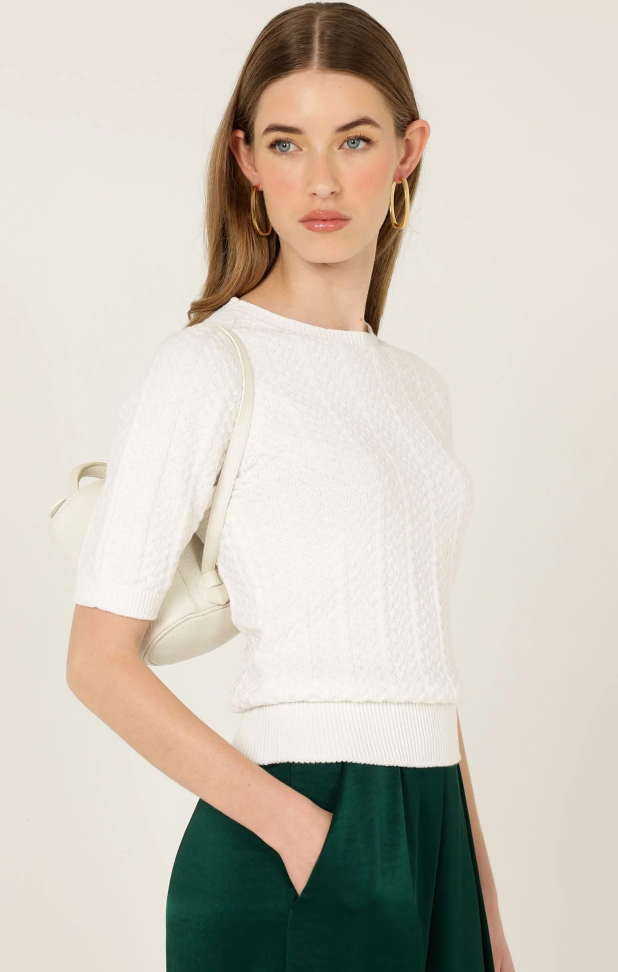 SHORT SLEEVE CHEVRON KNIT TOP IN IVORY - Image 3